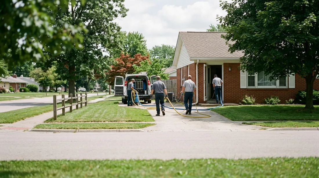 A small professional crew working on a carpet care job at a property, seen from behind and at a — Decatur, IL